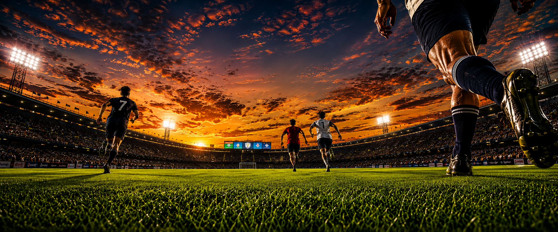 Athletes running under stadium lights